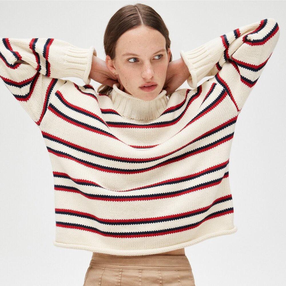 J. Crew 2025 Rollneck Sweater in Ivory Lace Ruby Navy Size L NWT - Picture 3 of 5